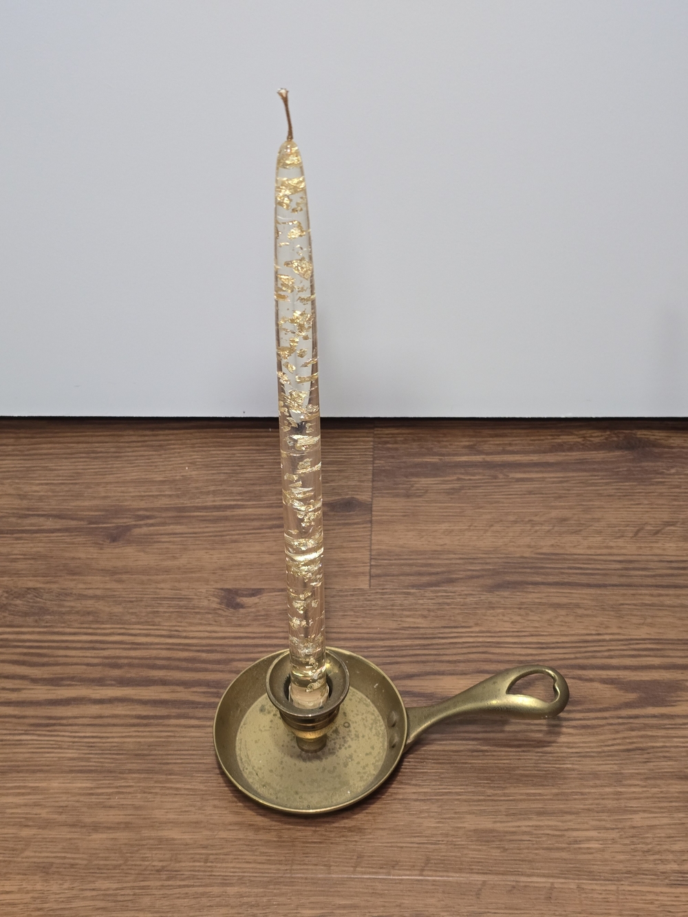 Gold Flake Taper Candle in Brass Chamberstick